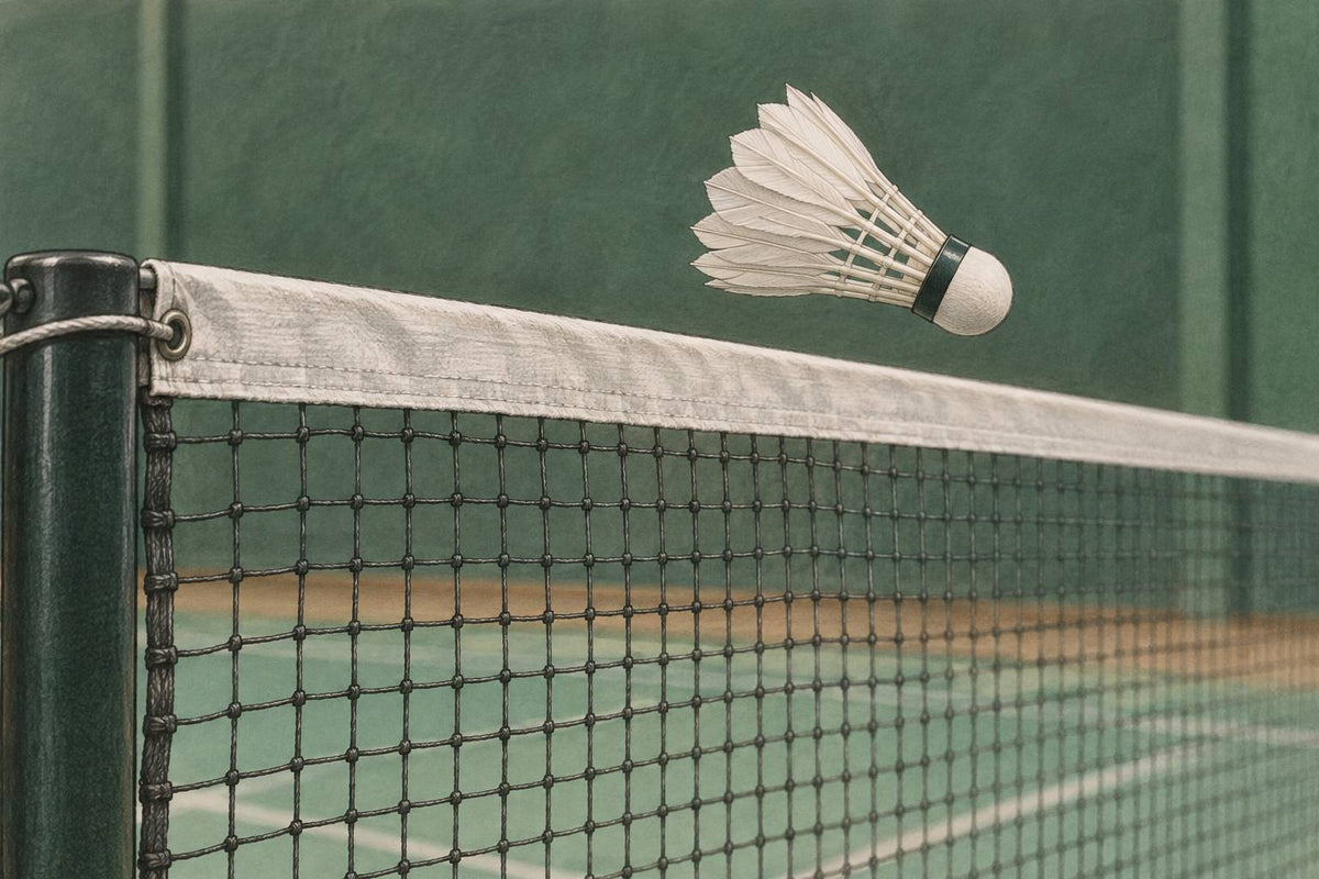 Editorial close-up of a feather shuttle just beyond the net tape.