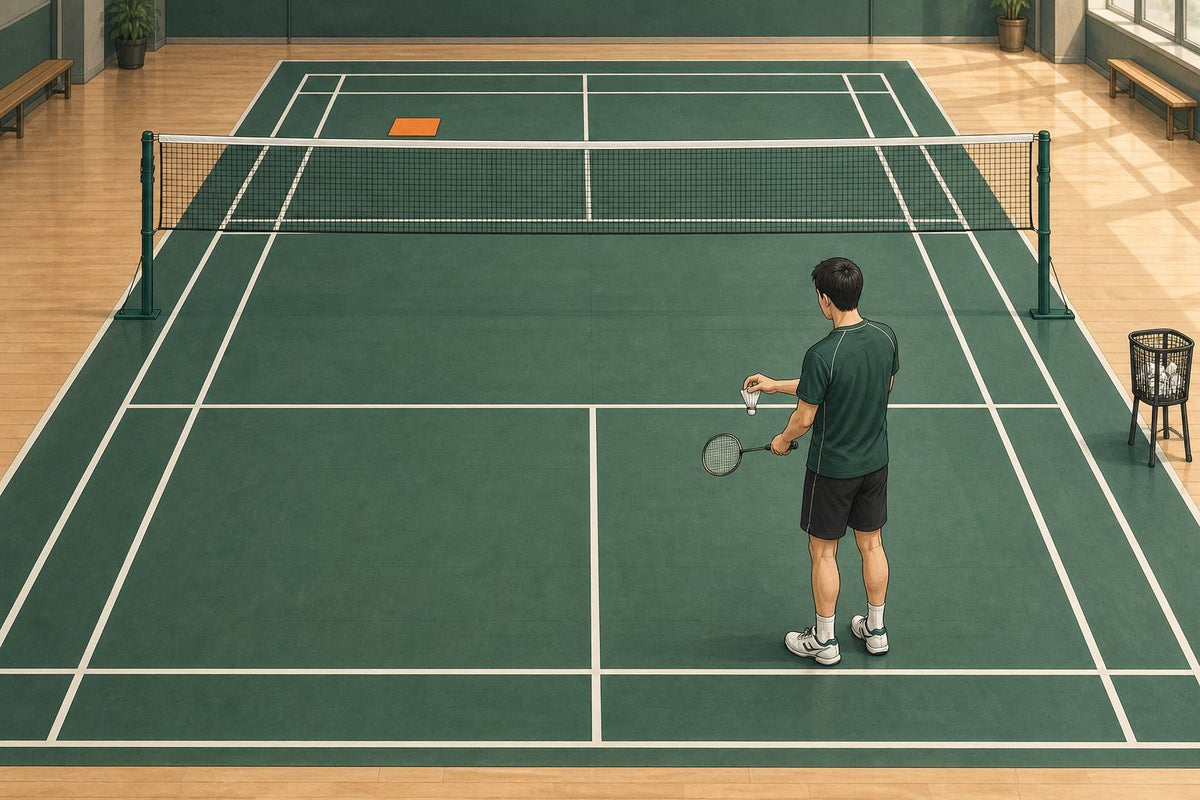 Illustration éditoriale d’un joueur préparant un service vers une cible plate au-delà de la ligne de service court opposée.