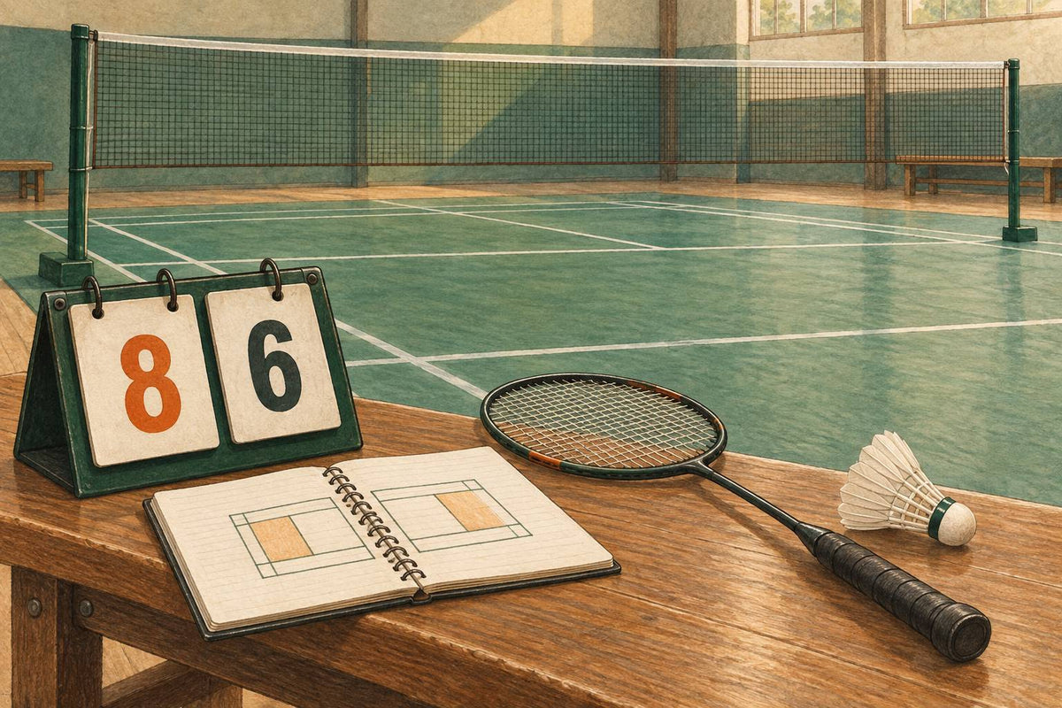 Editorial still life of a badminton scorecard, racket, shuttle and rules notebook.