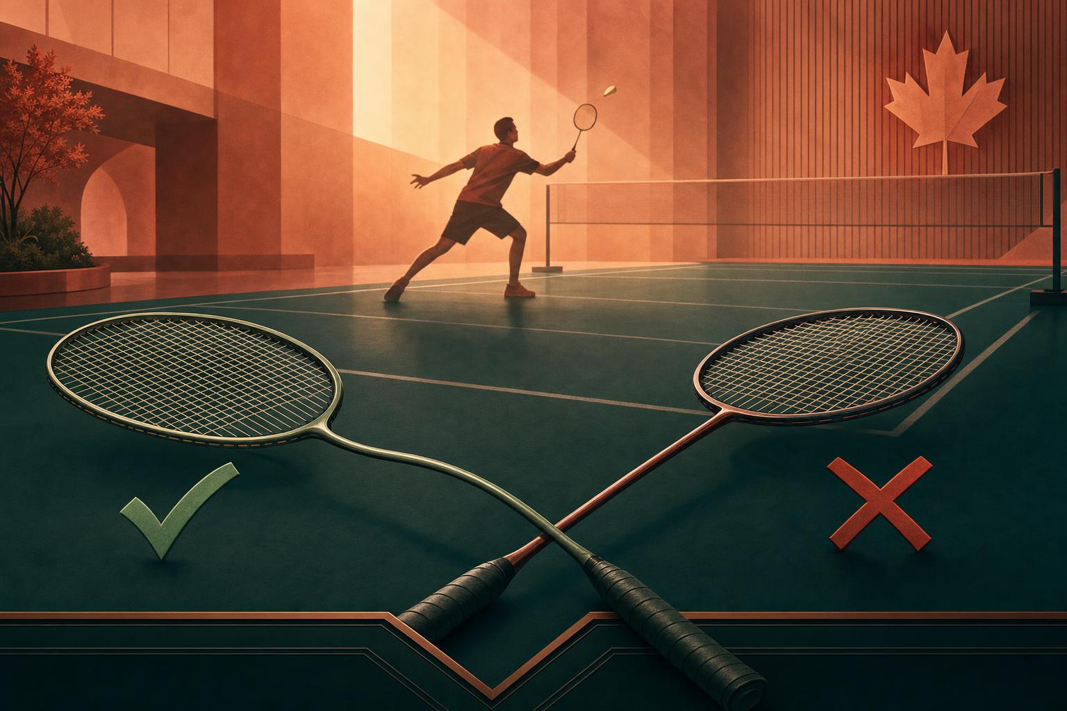 Illustration of stiff and flexible badminton racket shafts on a Canadian indoor court
