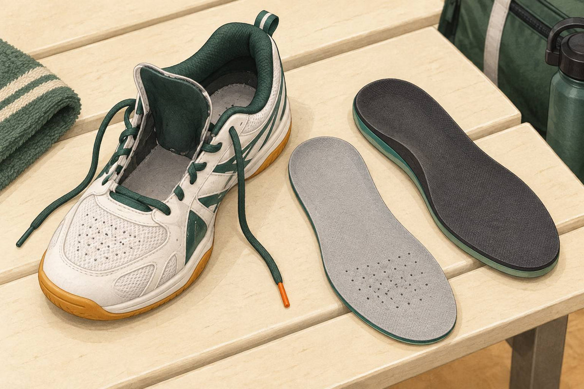 Editorial illustration of an open badminton shoe with its stock liner and a separate replacement liner.