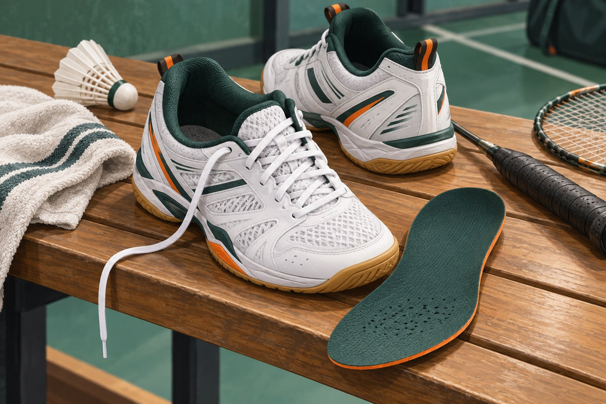 Editorial illustration of a badminton shoe and its removable sockliner.