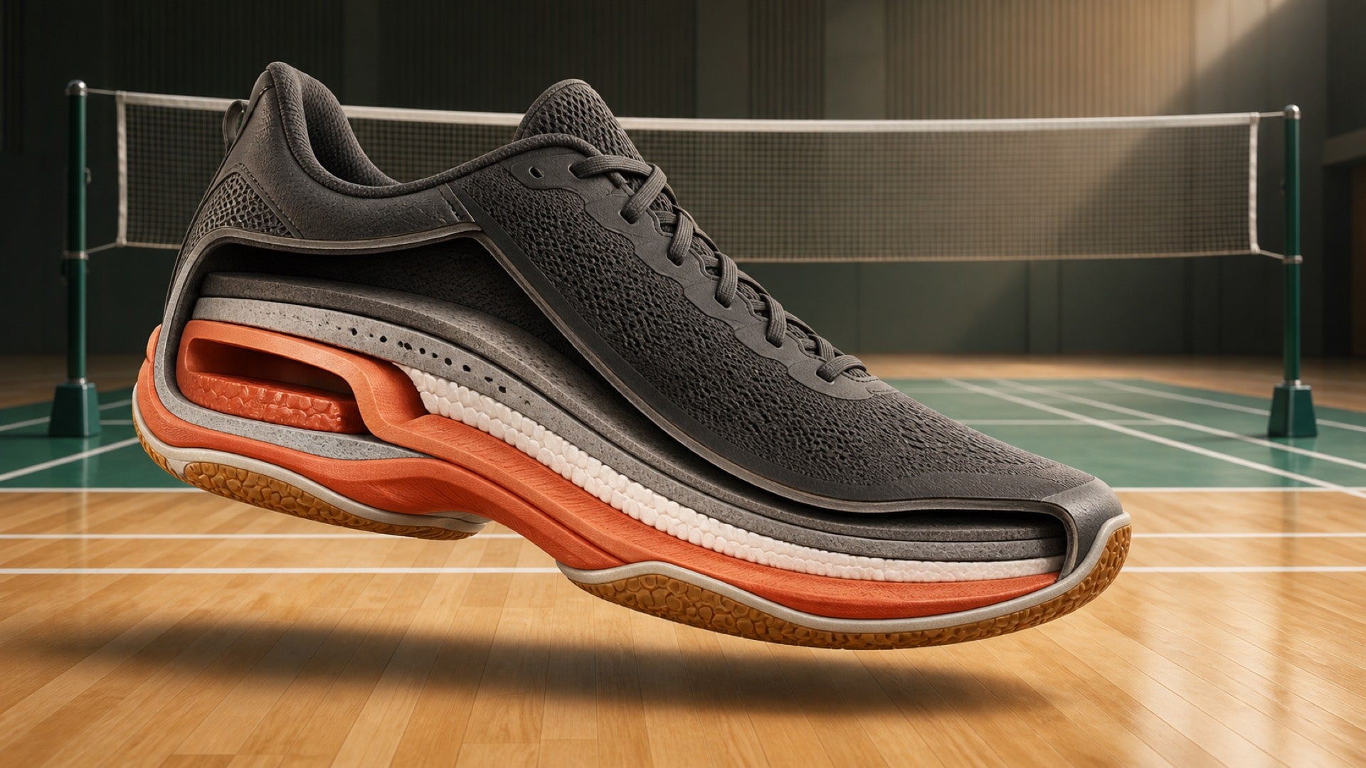 Vue en coupe d’une chaussure de badminton sans marque avec zones visibles de la semelle intermédiaire devant un filet suspendu en maille et un terrain de badminton intérieur marqué