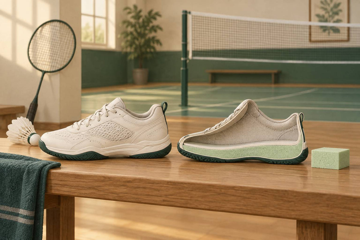 A shoe cutaway reveals the midsole foam between the upper and the rubber outsole.