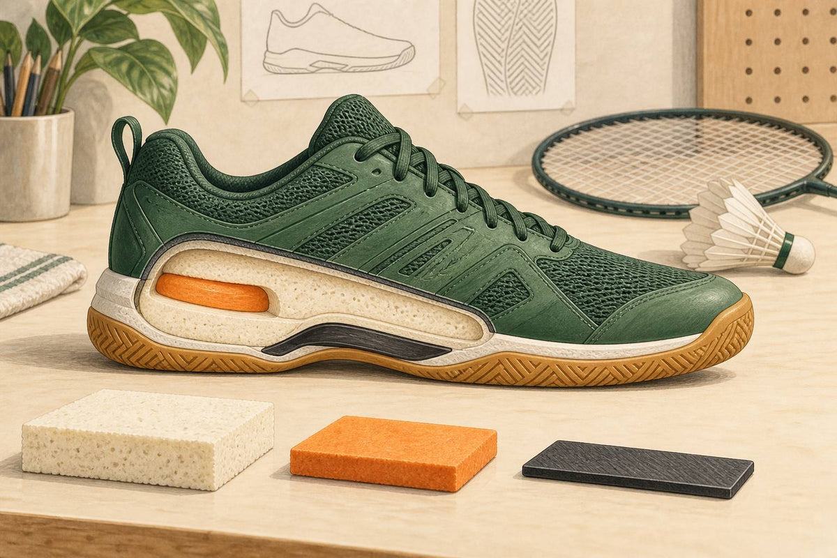 Generic badminton court shoe with an illustrative cutaway of its foam carrier, heel insert and midfoot structure.