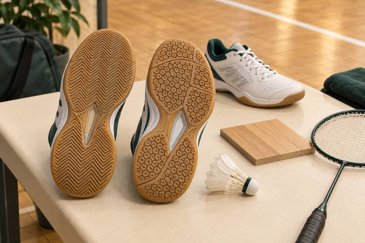 Different tread geometries sit beside a floor sample to introduce the complete shoe-and-surface comparison.