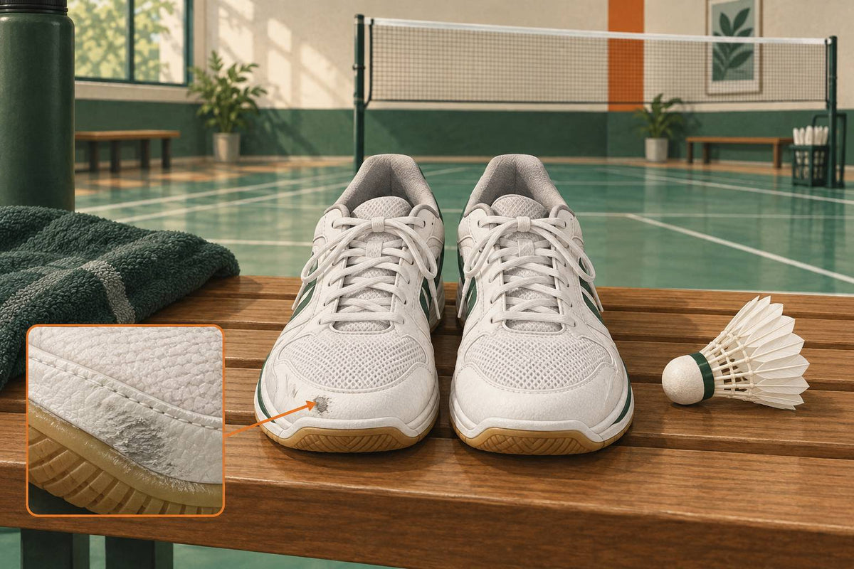 A right-handed player’s shoe pair illustrates wear concentrated on the trailing left shoe’s inside toe.