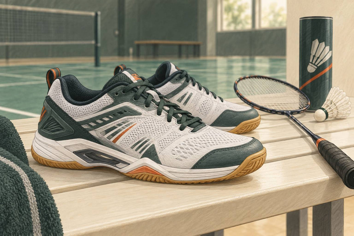 Editorial still life of unbranded indoor badminton shoes with a subtle conceptual view of the sole support.