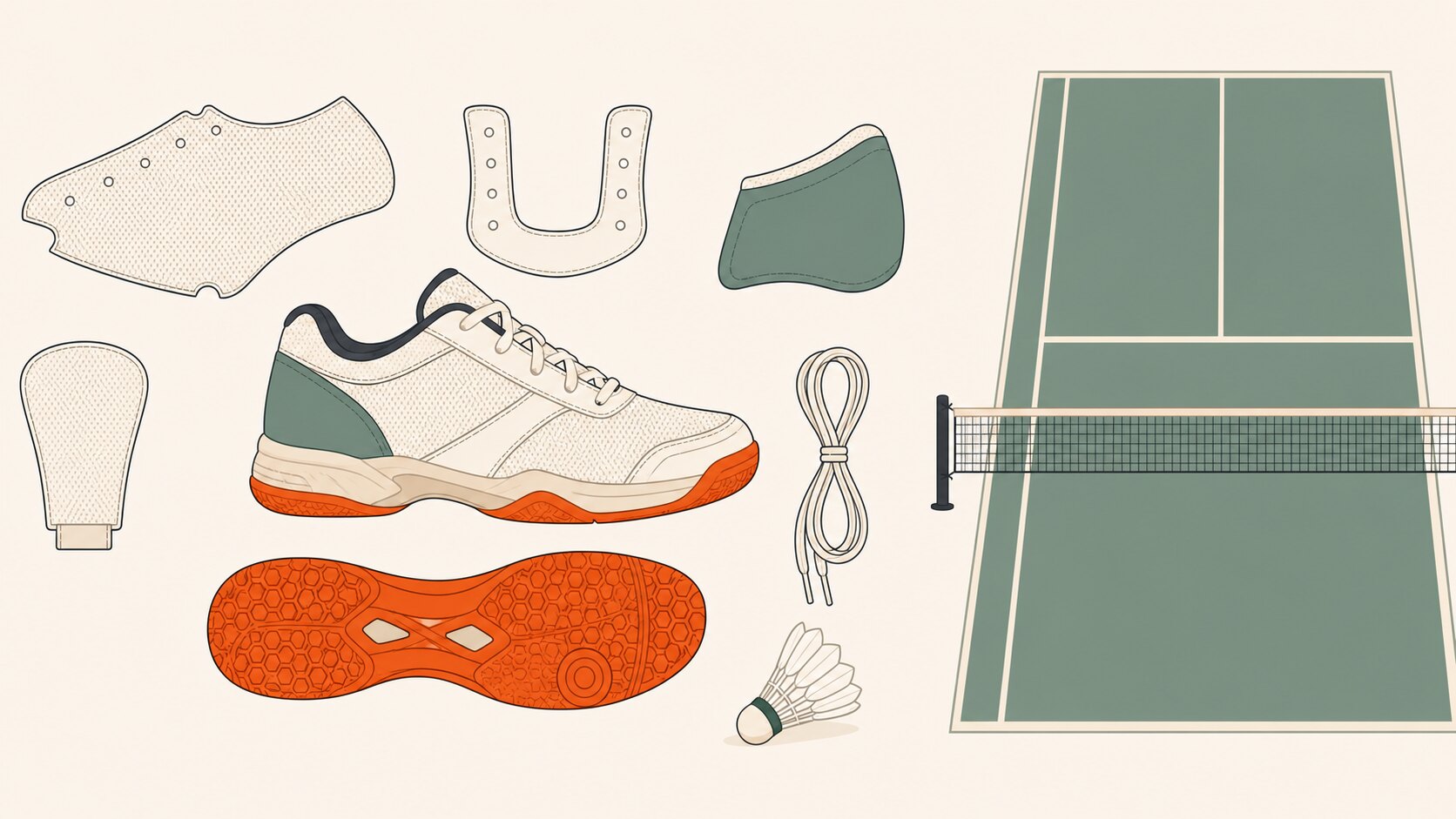 Illustration éditoriale plane d’une tige générique de chaussure de sport de badminton, avec le mesh, la patte de laçage, la languette, le renfort du talon, les lacets et la semelle extérieure séparés, à côté d’un filet de badminton et d’un volant.