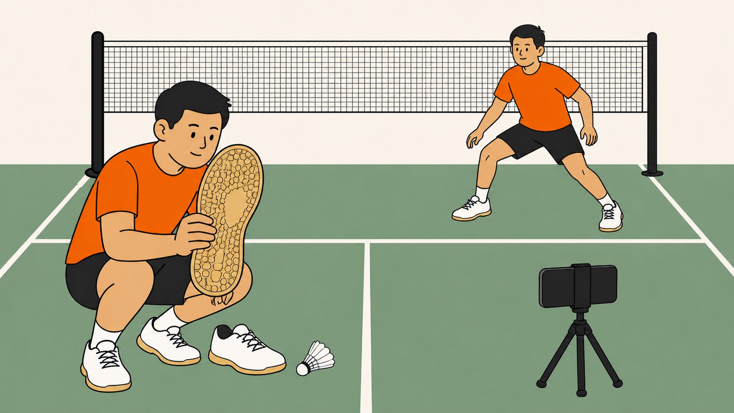 Illustration éditoriale à plat d’une personne qui joue inspectant la semelle usée d’une chaussure de badminton à côté de la chaussure assortie et d’un volant, pendant qu’une personne partenaire se déplace sur un terrain intérieur.