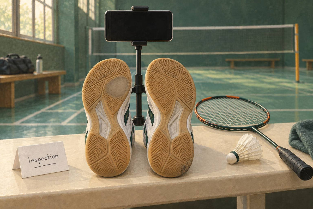 Comparing both clean, dry outsoles helps a player record visible wear before deciding what to inspect next.