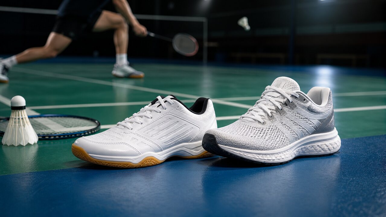 Badminton court shoe and running shoe compared on an indoor court with a racket and shuttlecock.