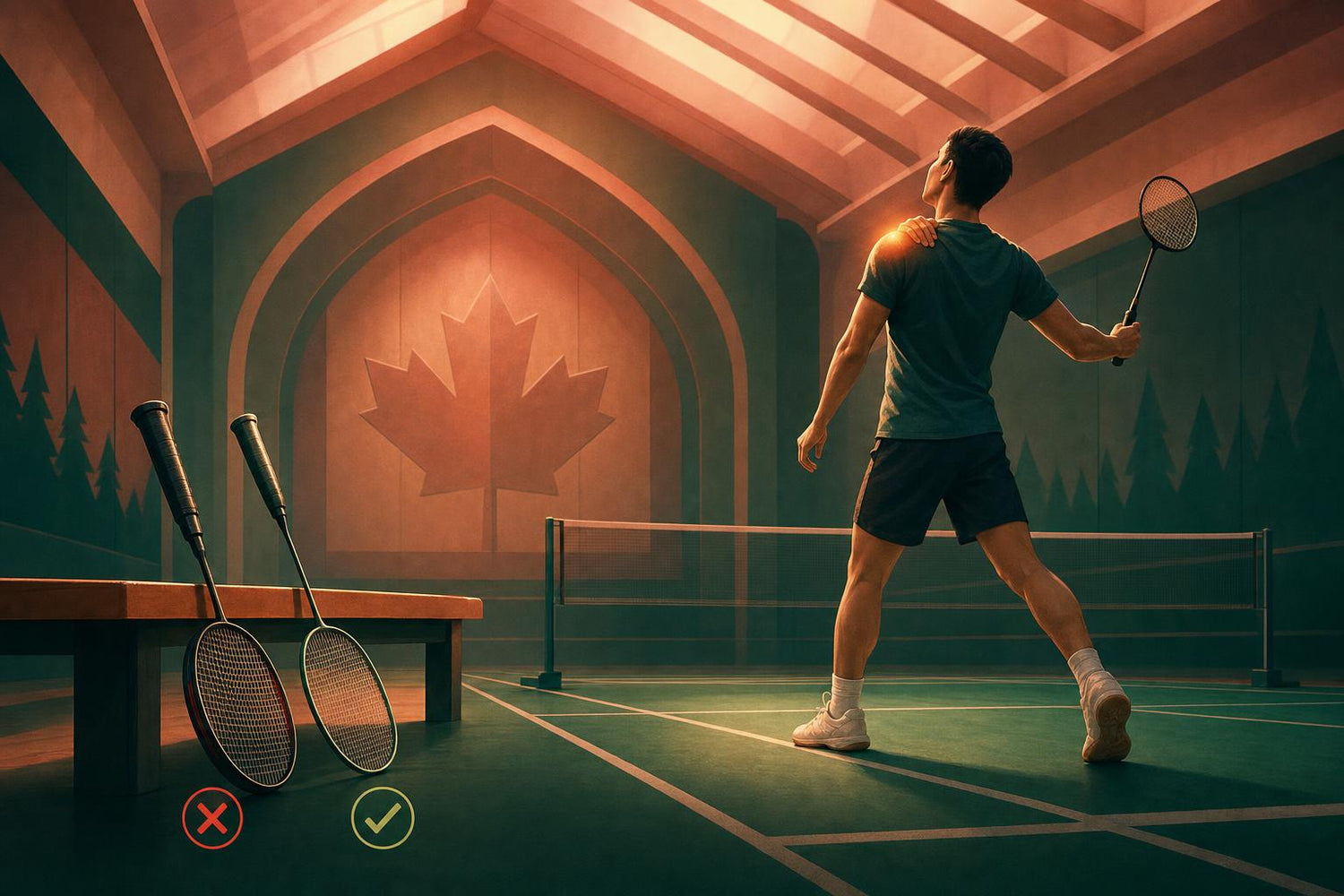 Illustration of a badminton player holding their shoulder beside two rackets on a warm green indoor court