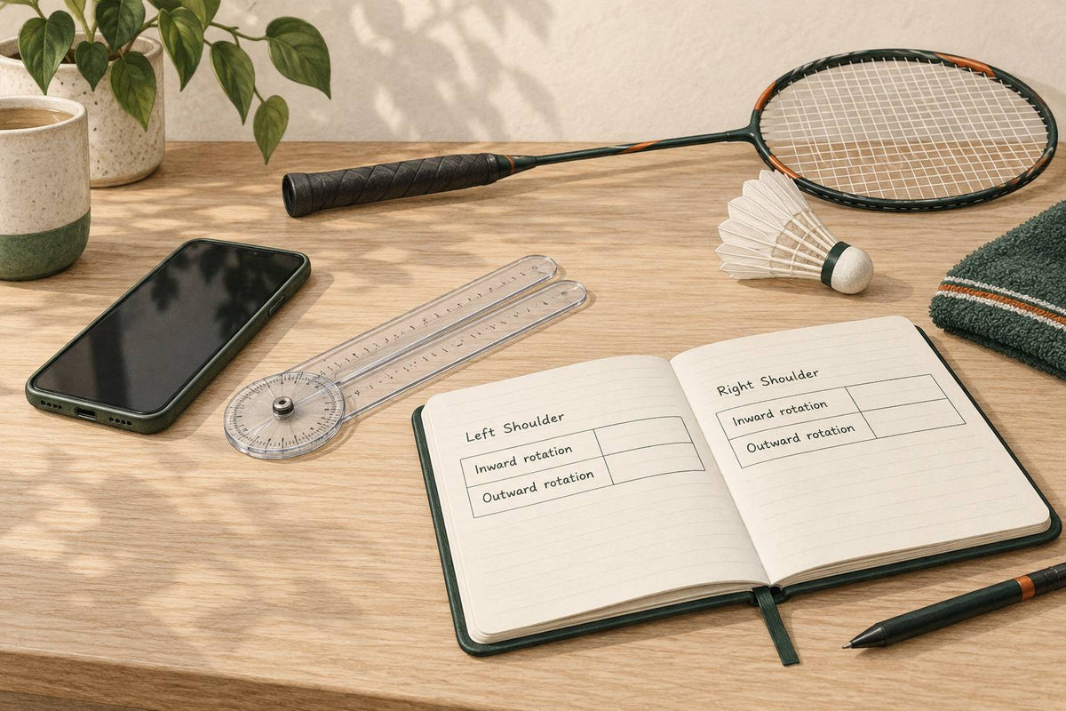 Illustration d’un registre de rotation de l’épaule, d’un goniomètre simple et d’une raquette de badminton.