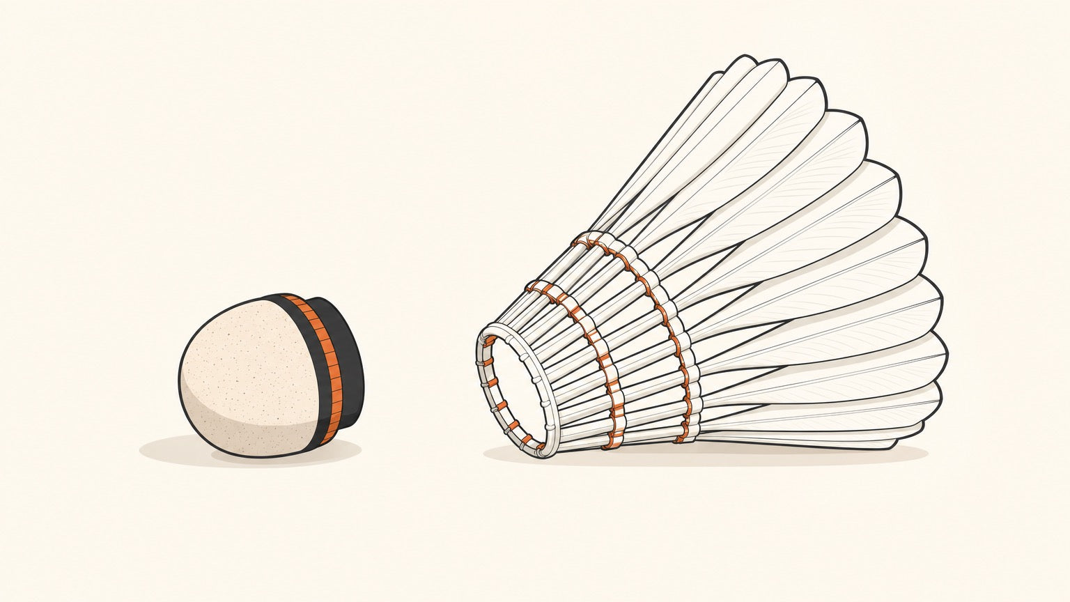 Flat vector of a feather badminton shuttlecock separated into its cork base and feather skirt.