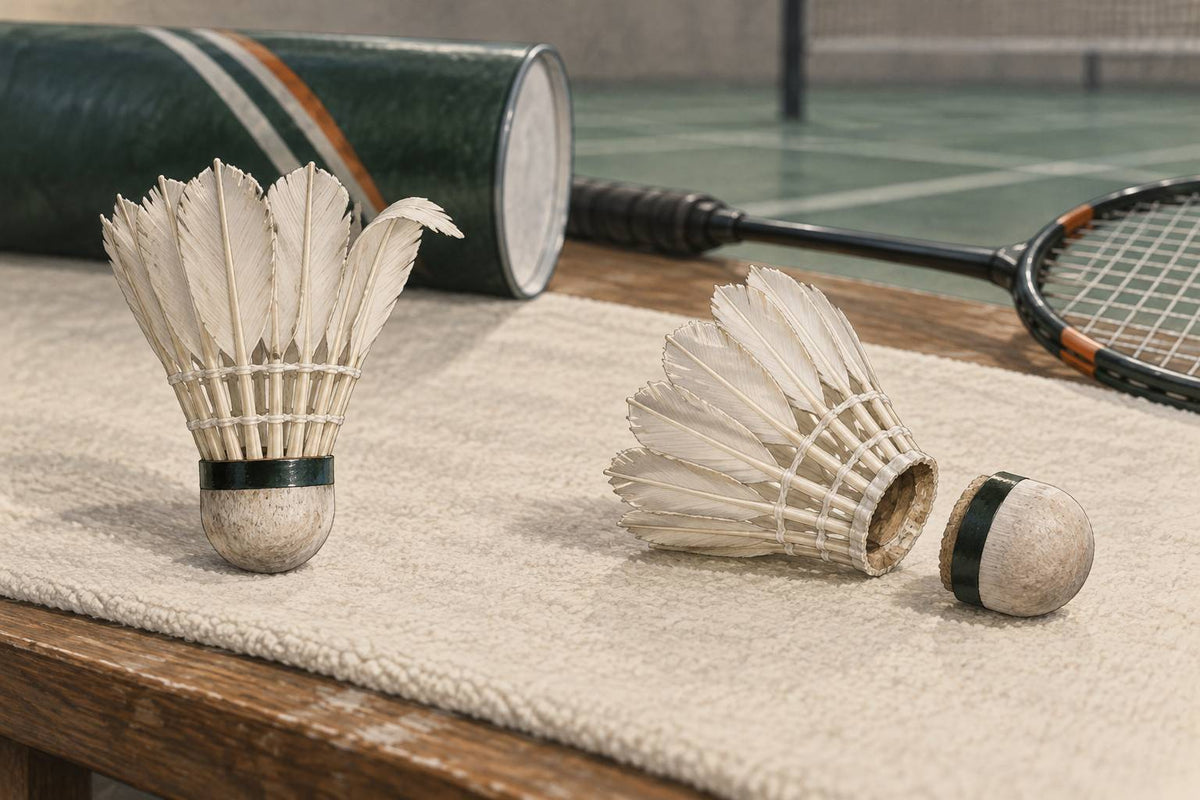 Editorial still life contrasting feather wear with complete cork-base separation.