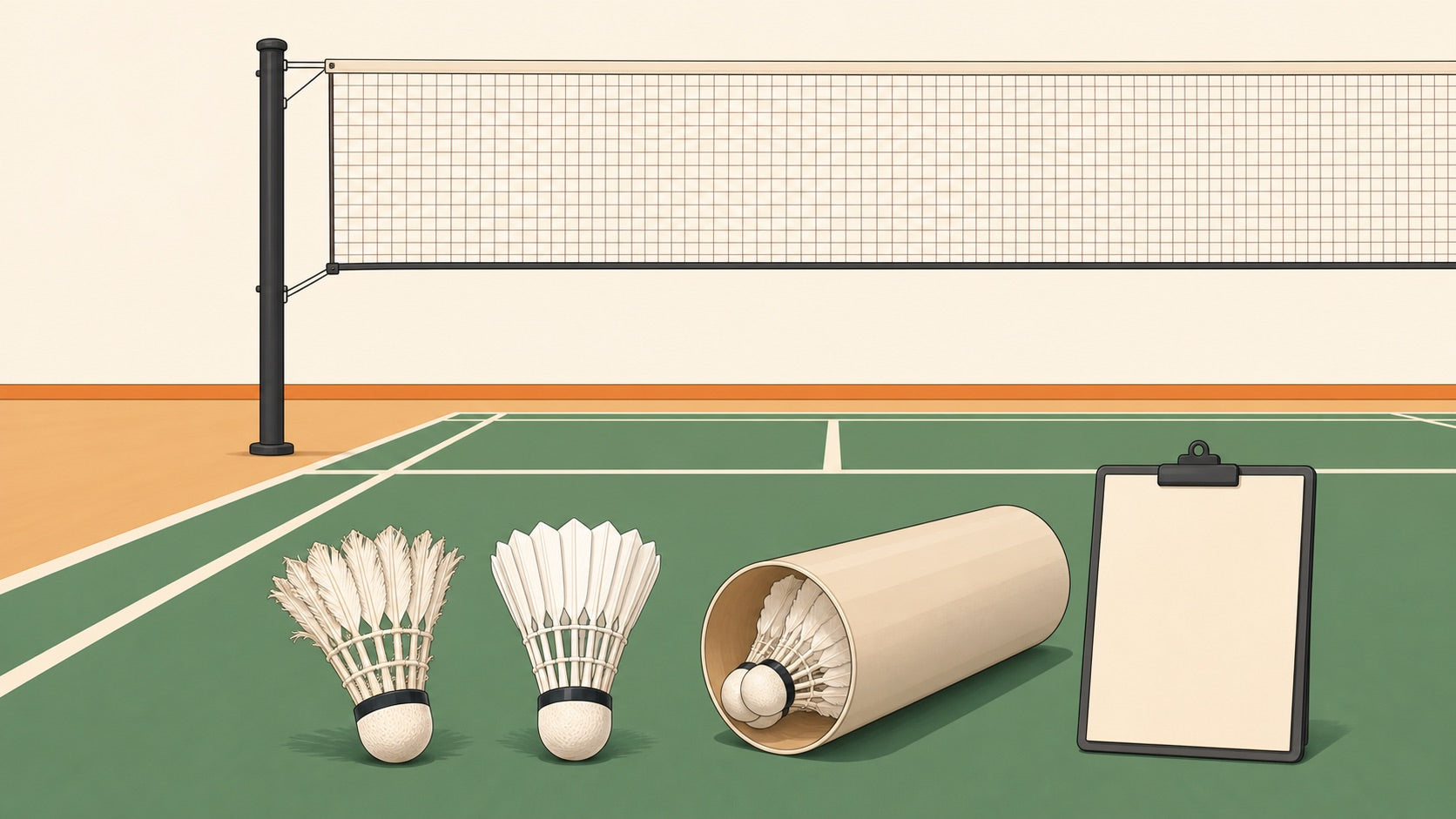 Editorial illustration of an official comparing a fresh shuttle and a worn shuttle during a paused indoor badminton match.