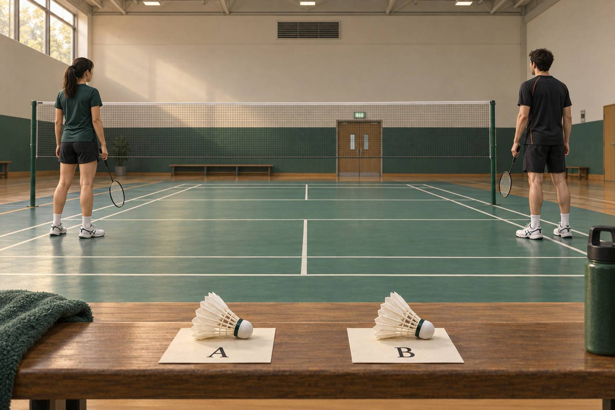 Two labelled shuttles and both court ends provide the starting comparisons for a practical drift check.
