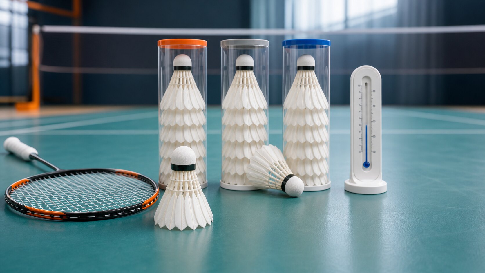 Feather shuttlecocks labeled by speed beside a badminton racket on an indoor Canadian court.