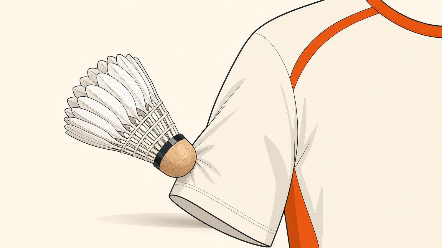 A feather badminton shuttlecock touching the sleeve of a plain badminton shirt torso.