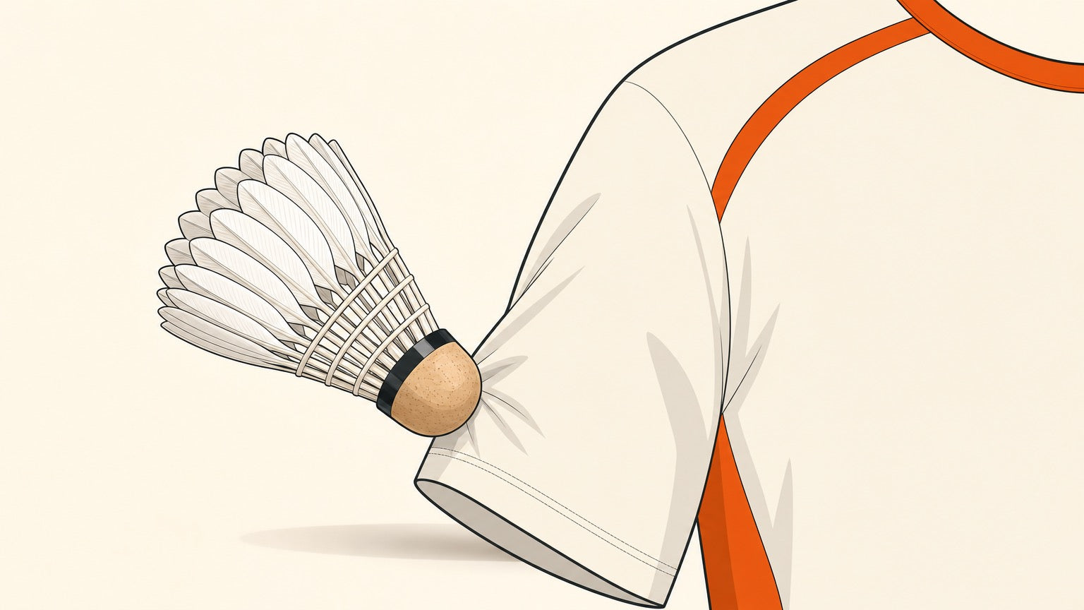 A feather badminton shuttlecock touching the sleeve of a plain badminton shirt torso.
