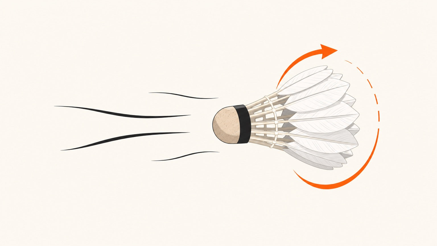 Flat vector illustration of a badminton shuttlecock flying cork-first with airflow and spin arrows