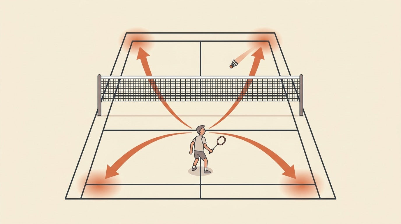 Illustration d’une personne jouant en simple au badminton et utilisant des tactiques de contrôle des quatre coins du terrain