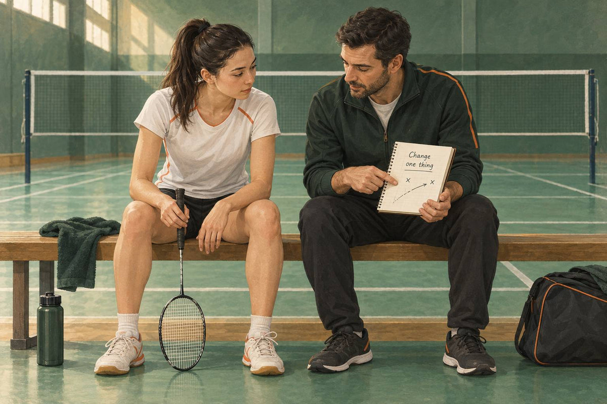 A player reviews one repeated rally problem with a coach during a permitted interval.
