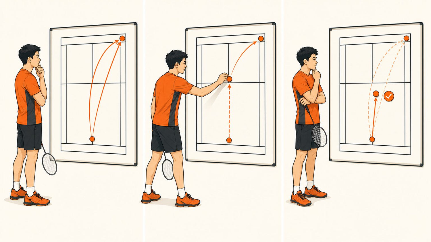 Three-panel badminton sequence showing a player observe a repeated pattern, change one tactic, and evaluate the result