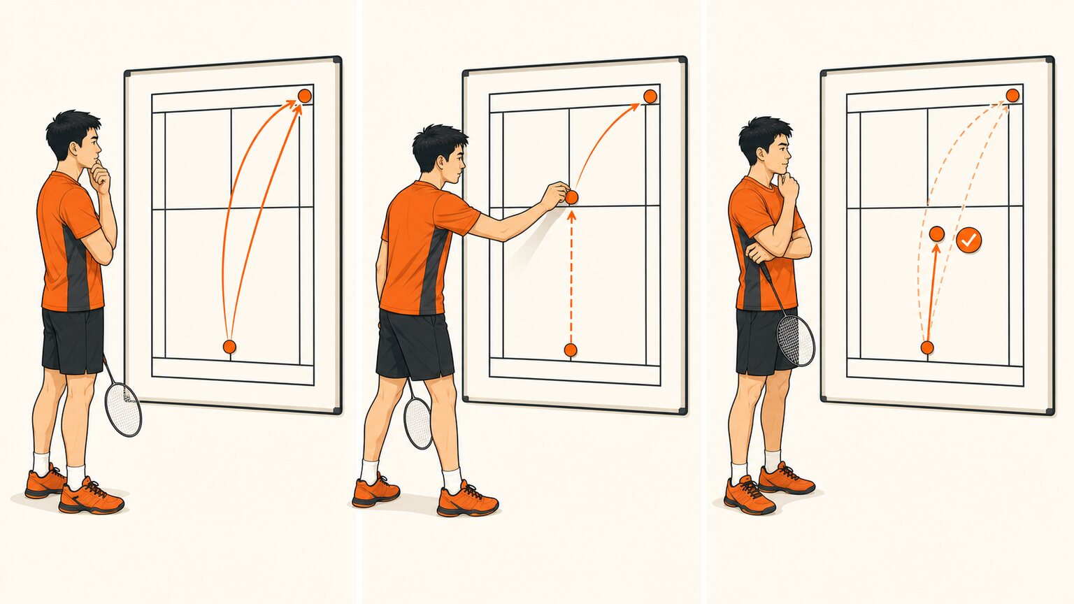 Three-panel badminton sequence showing a player observe a repeated pattern, change one tactic, and evaluate the result