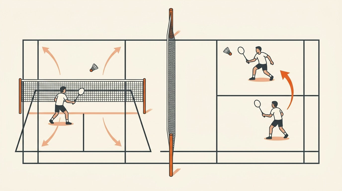 Illustration of singles and doubles badminton positioning on a split indoor court
