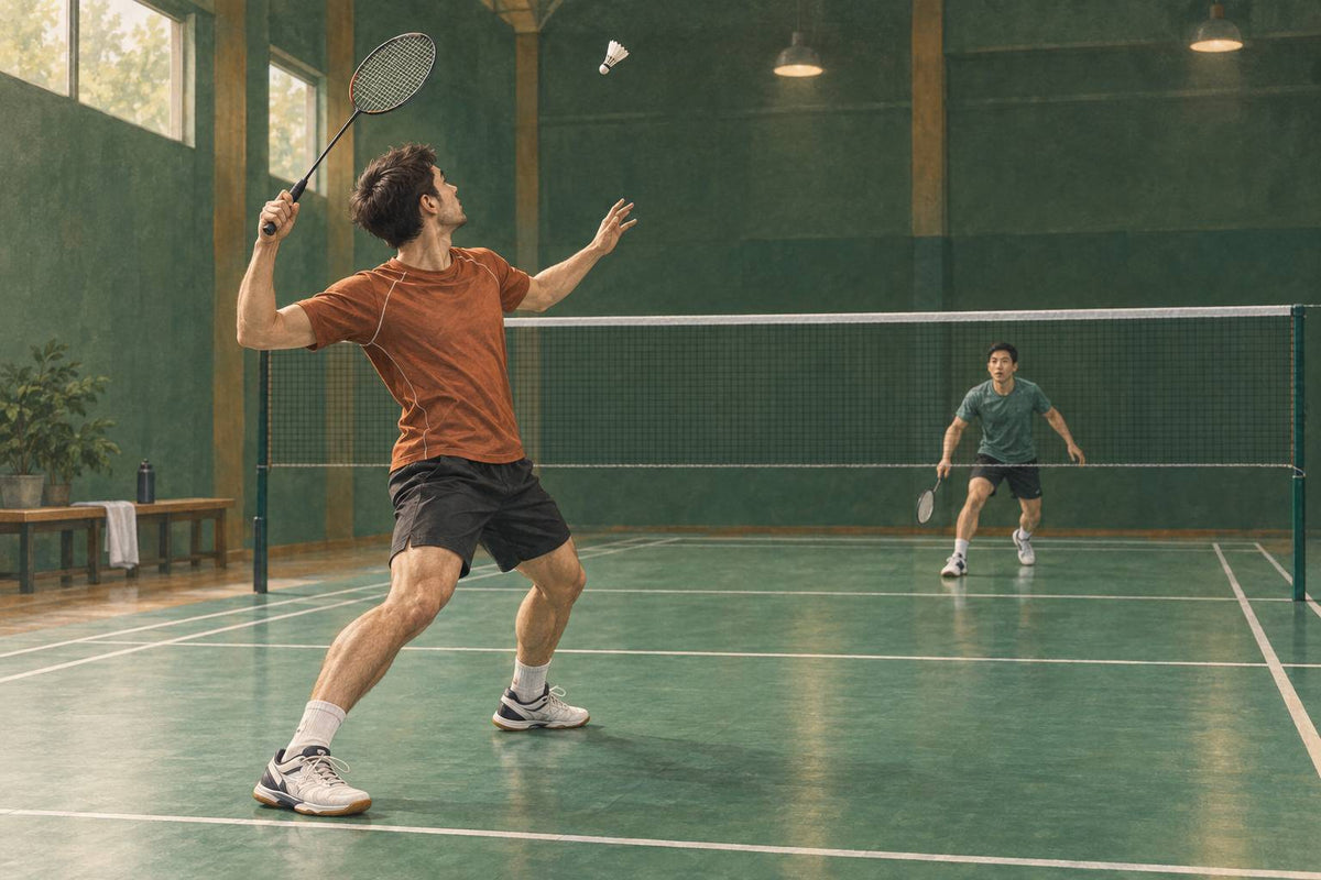 A balanced singles player prepares a high contact while considering the opponent and the next reply.
