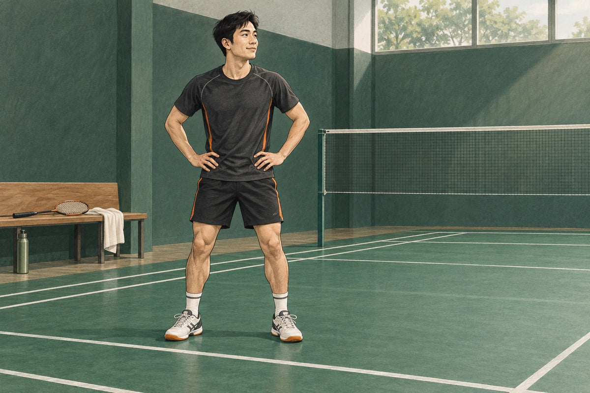 A player settles into a small, balanced two-foot landing before adding more demanding smash footwork