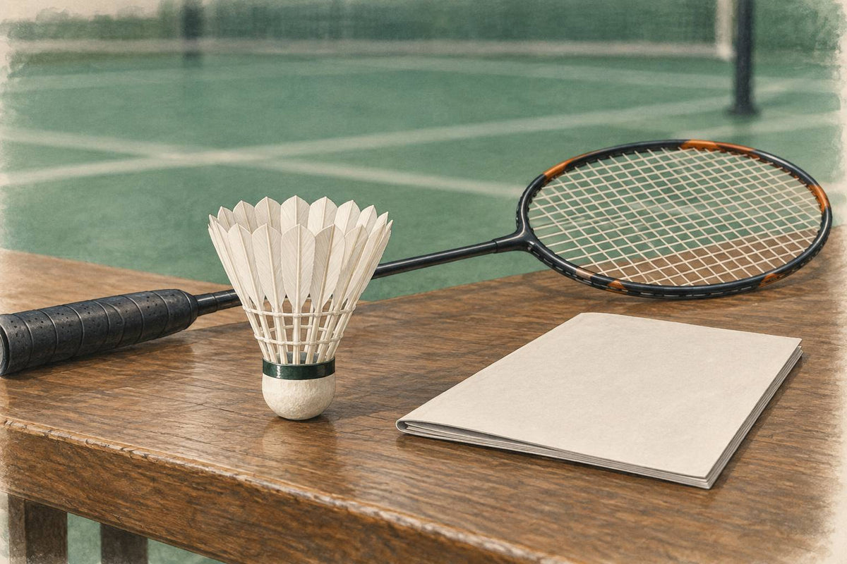 Editorial shuttle and racket still life beside a plain rule booklet.