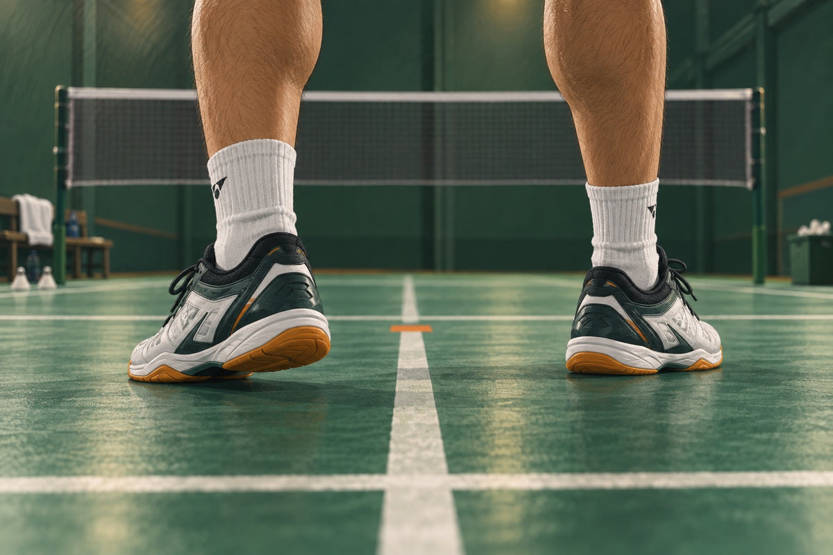 Editorial illustration of two badminton shoes in a balanced ready stance.