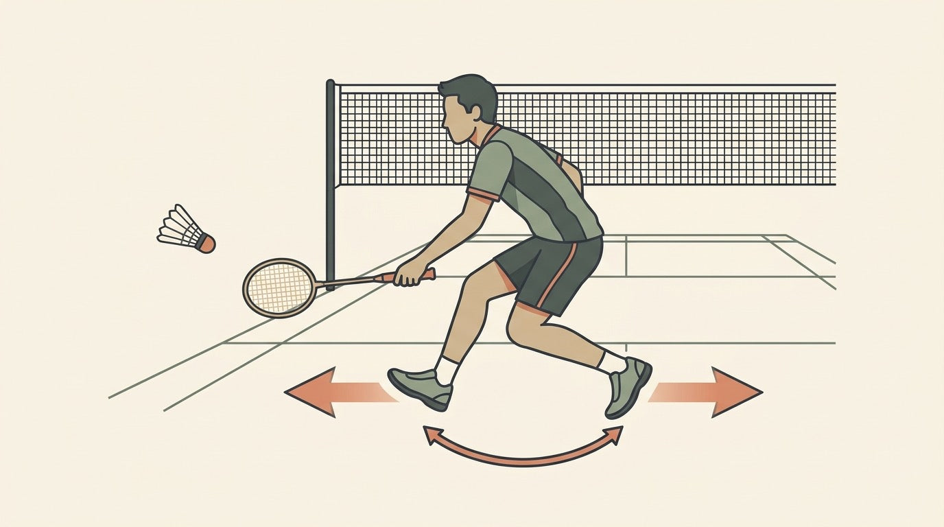 Illustration of a badminton player timing a split step as an opponent hits the shuttle
