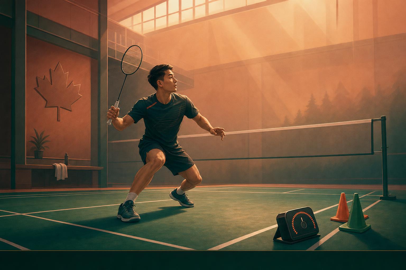 Illustrated badminton player doing shadow footwork conditioning on an indoor court