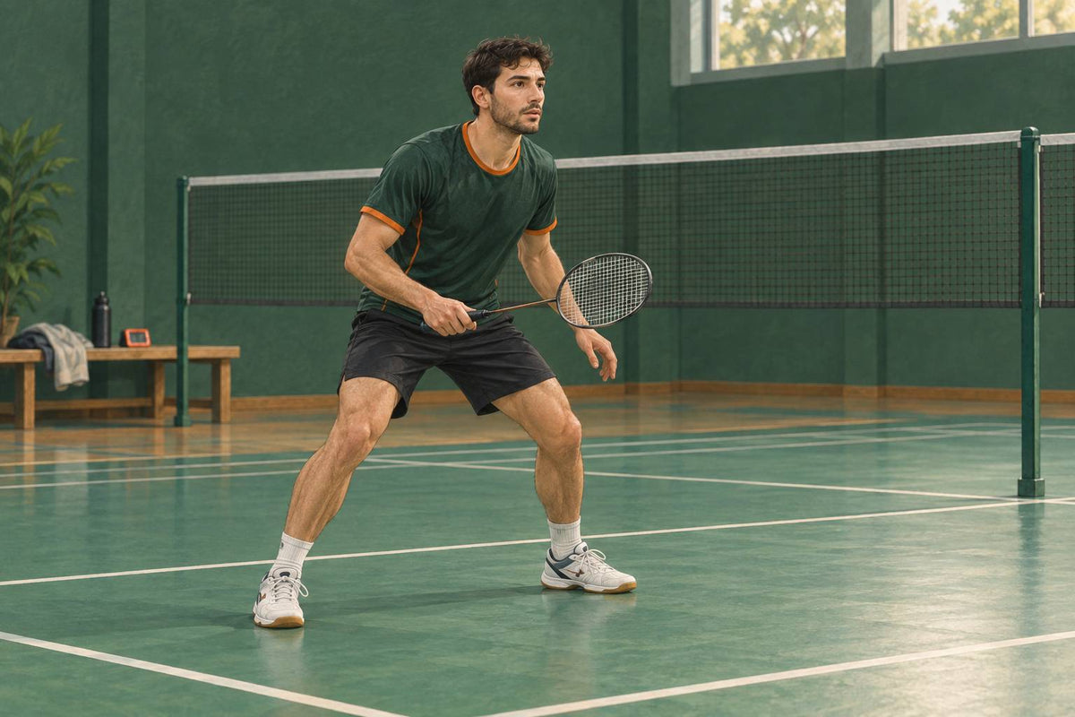 A player rehearses a controlled court movement as part of badminton conditioning.