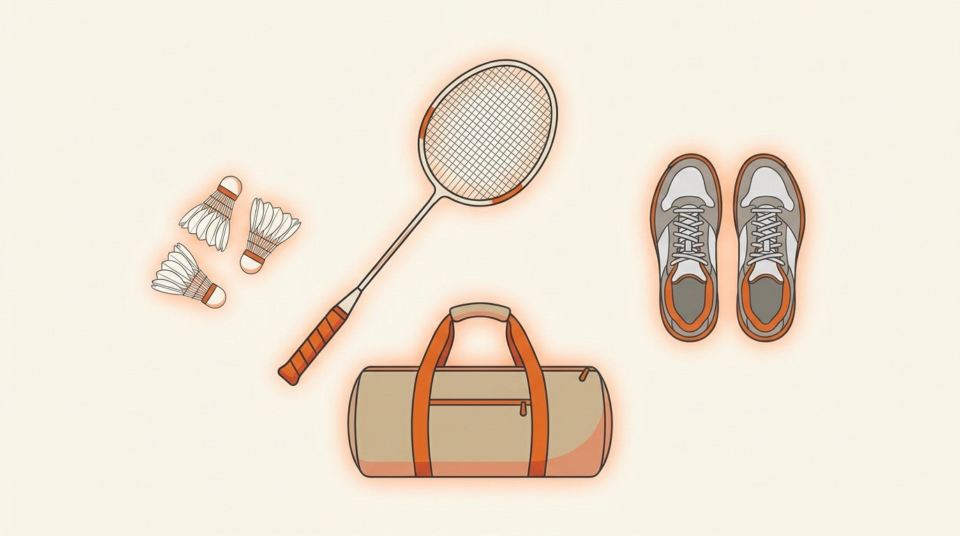 Beginner badminton starter kit with racket, shuttlecocks, court shoes, bag, towel, grip, and accessories on an indoor court