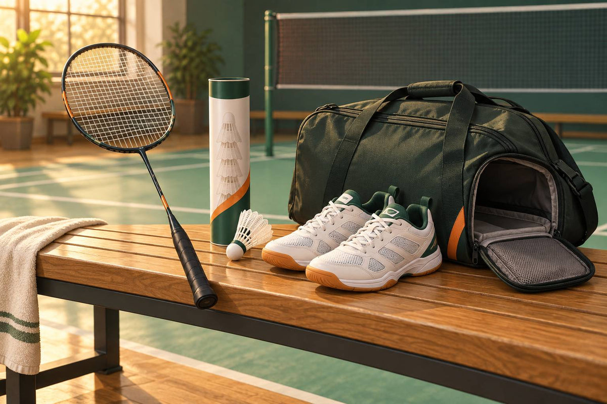 A simple beginner kit brings together a manageable racket, nylon shuttles, indoor court shoes and a bag.