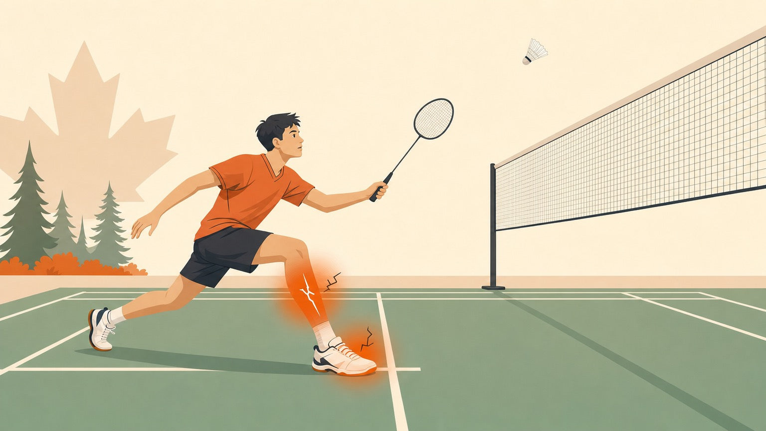 Flat vector banner of a badminton player lunging with highlighted foot and shin pain areas