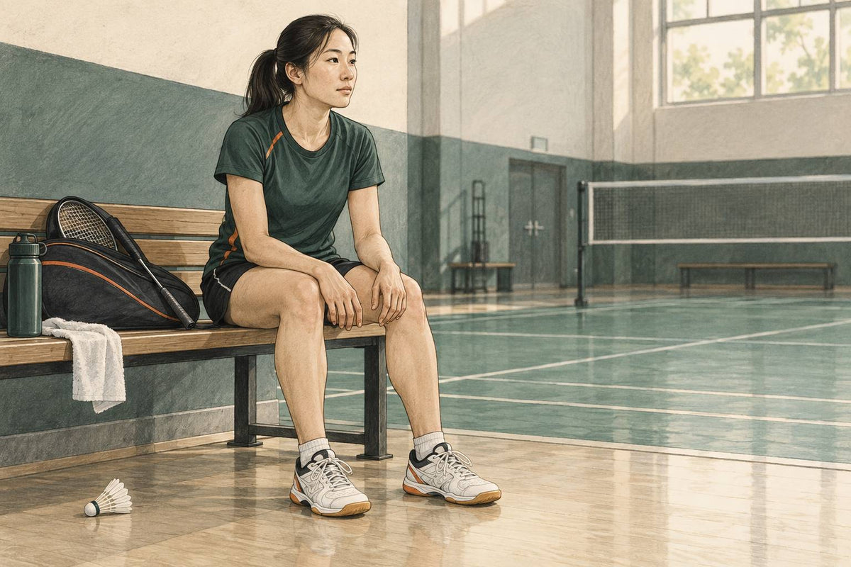 Editorial illustration of a seated player resting beside a racket bag.