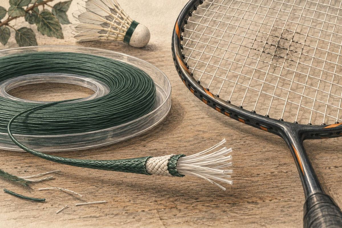 An unbranded badminton string reel beside a string bed and an illustrative exposed string end.