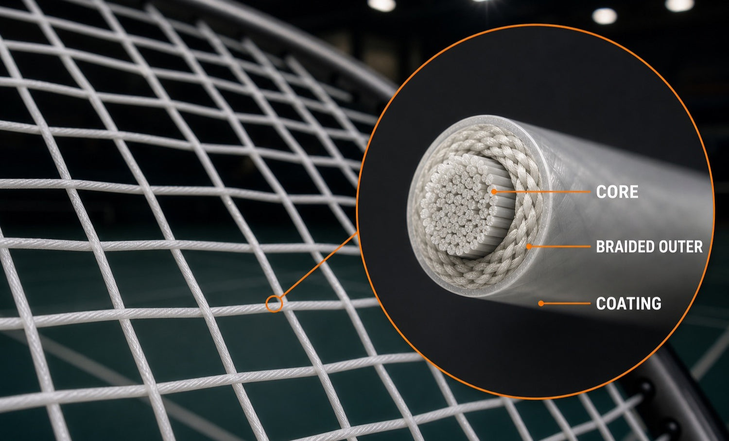 Vue macro d’un plan de cordage de badminton avec une coupe agrandie montrant le cœur du cordage, la couche extérieure tressée et le revêtement.