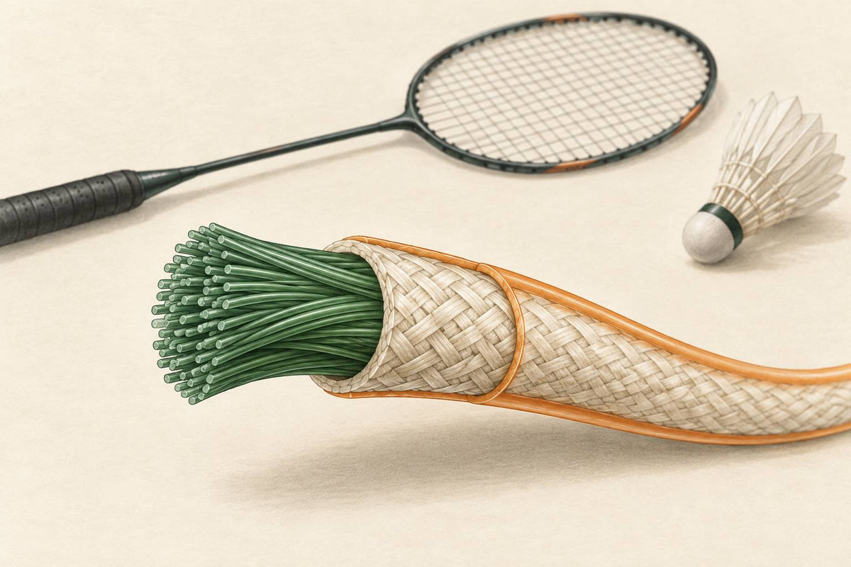 Editorial string cutaway showing a filament core, woven jacket and thin surface layer.
