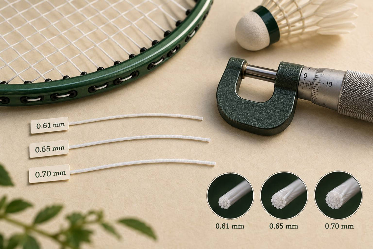 String gauge measures diameter, illustrated by three common badminton-string thicknesses at a shared scale.