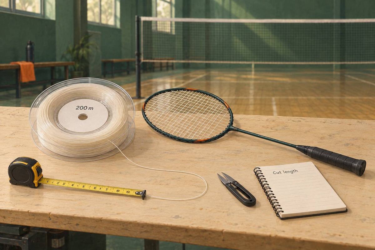 A stringer measures a full working length from the reel before estimating how many complete restrings remain.