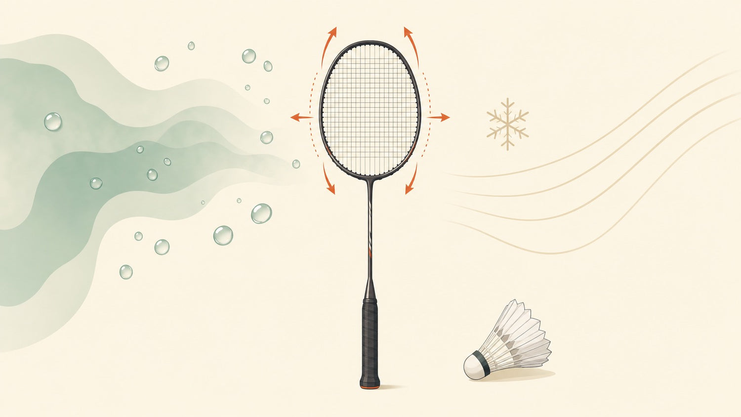 Flat vector badminton racket showing humid warm air and dry cool air changing the string bed