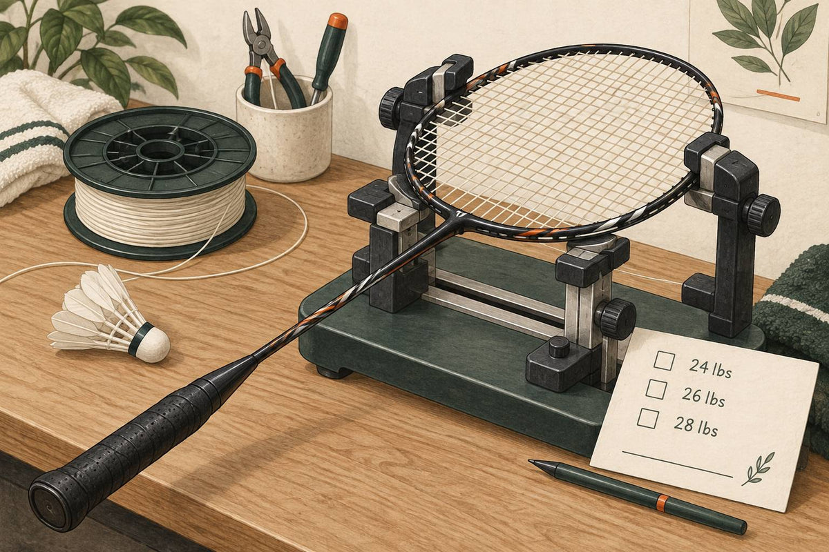 Editorial badminton stringing setup without an invented machine reading.