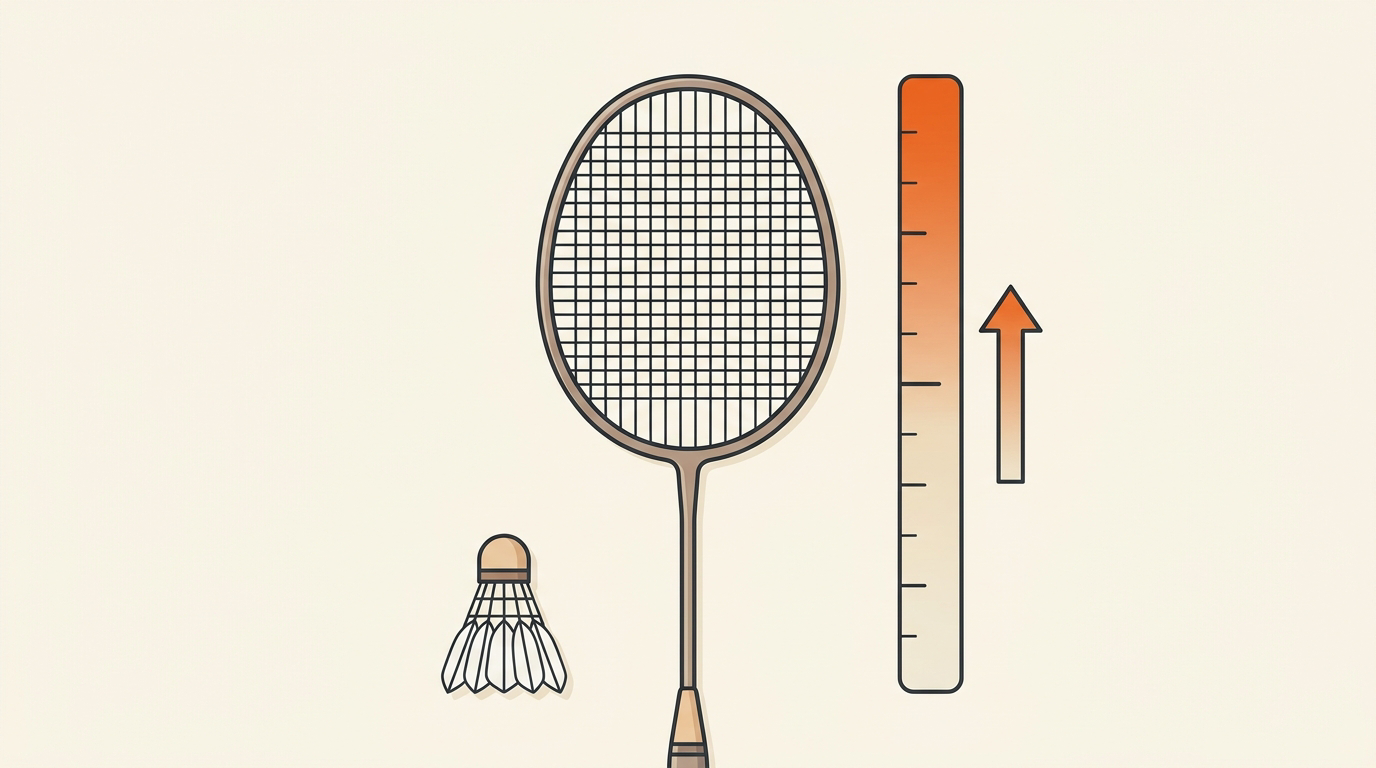 Close-up badminton racket strings, shuttlecock, and stringing tools for a string tension guide.